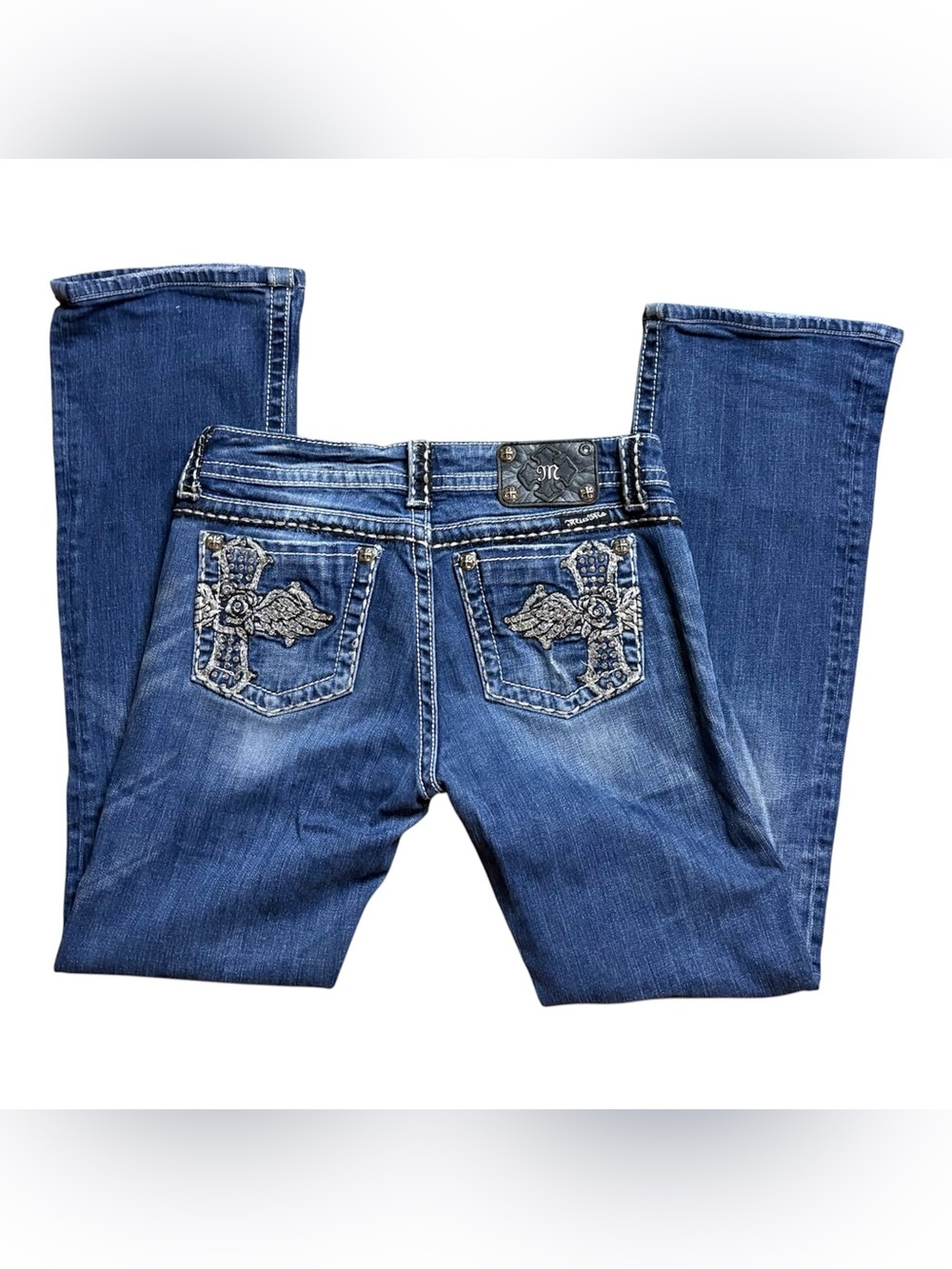 Miss Me Dark Blue Rhinestone Embellished low rise Bootcut Jeans